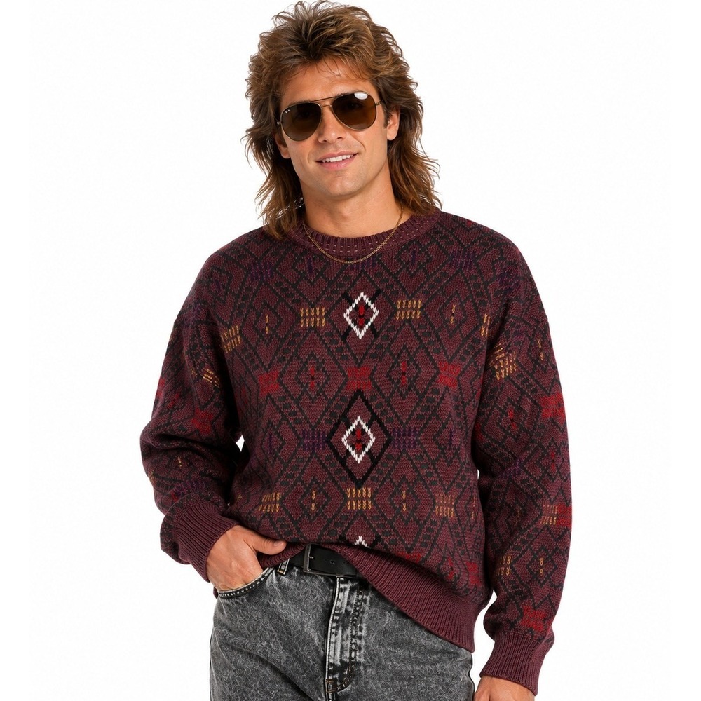 Vintage McGregor Sweater Mens L Burgundy Geometric Diamond Grandpa 80s 90s New